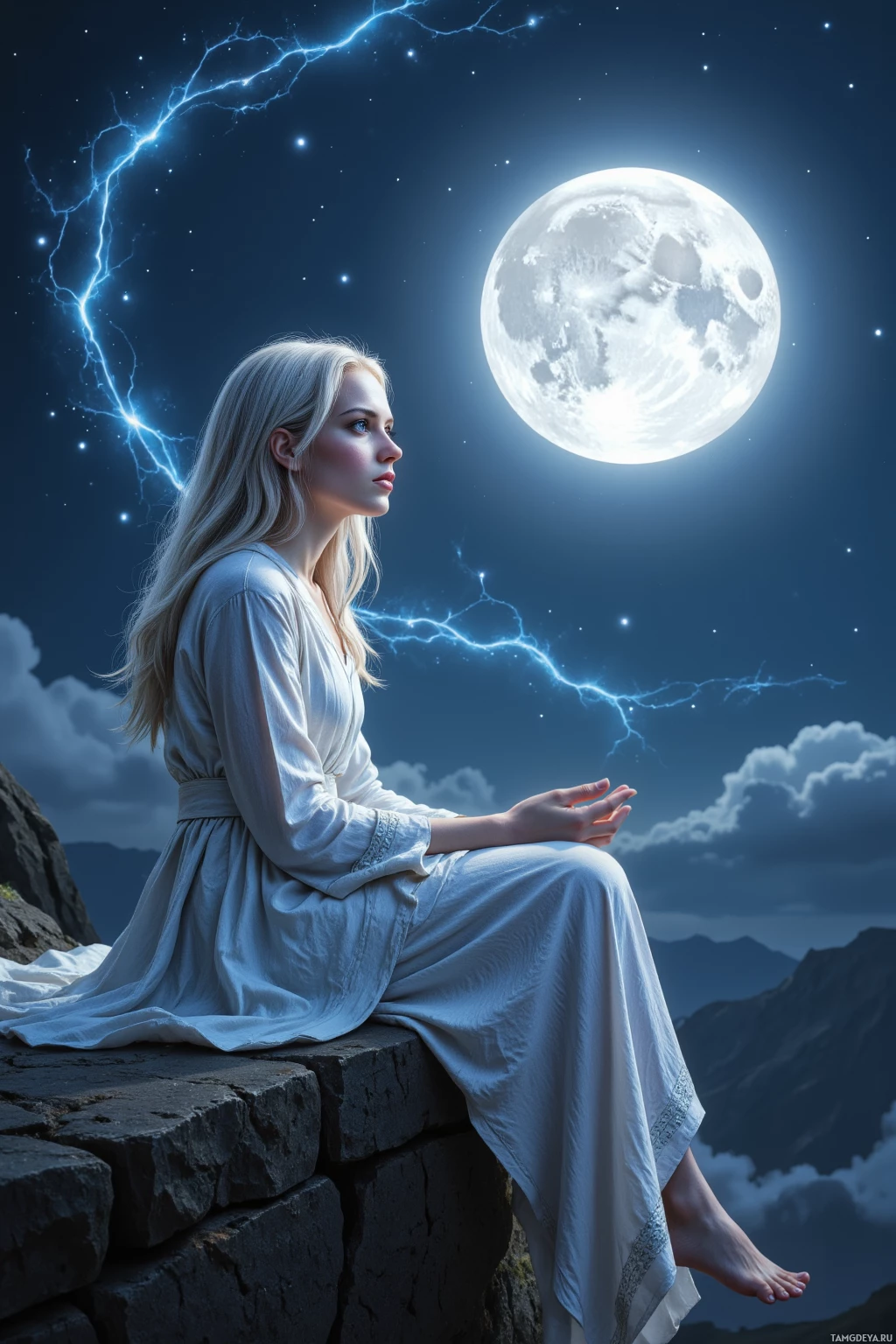 A woman in a white robe sits on a stone ledge under a night sky with a full moon and lightning.