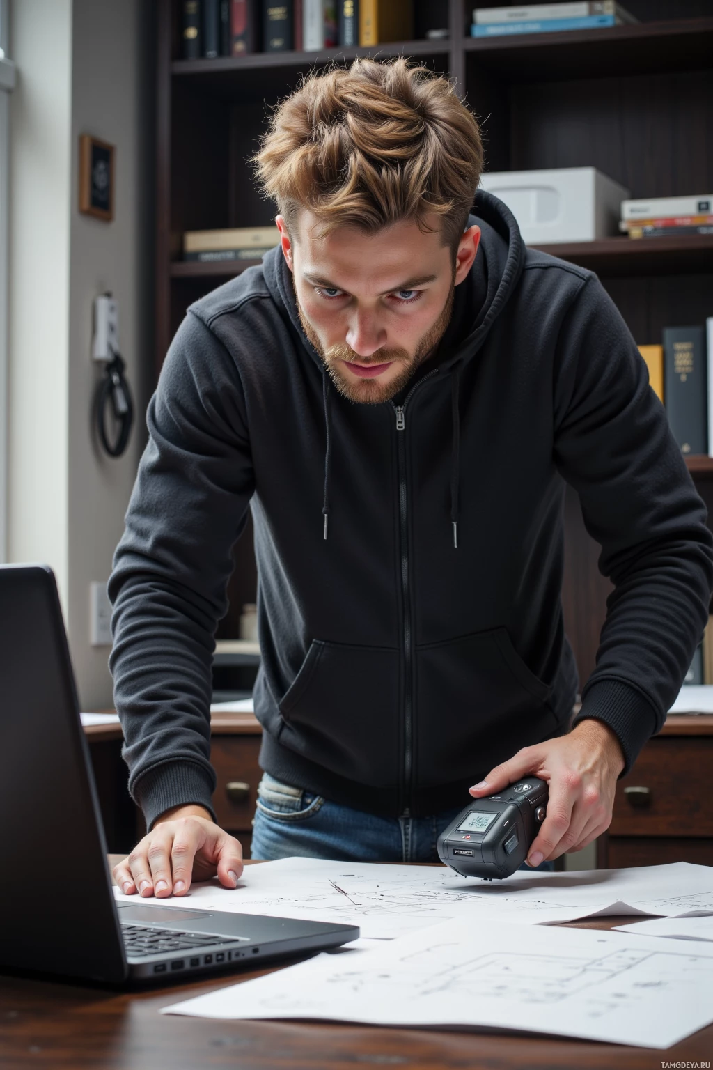 A person in a hoodie is working at a desk with a laptop and a handheld device, surrounded by papers and a bookshelf.
