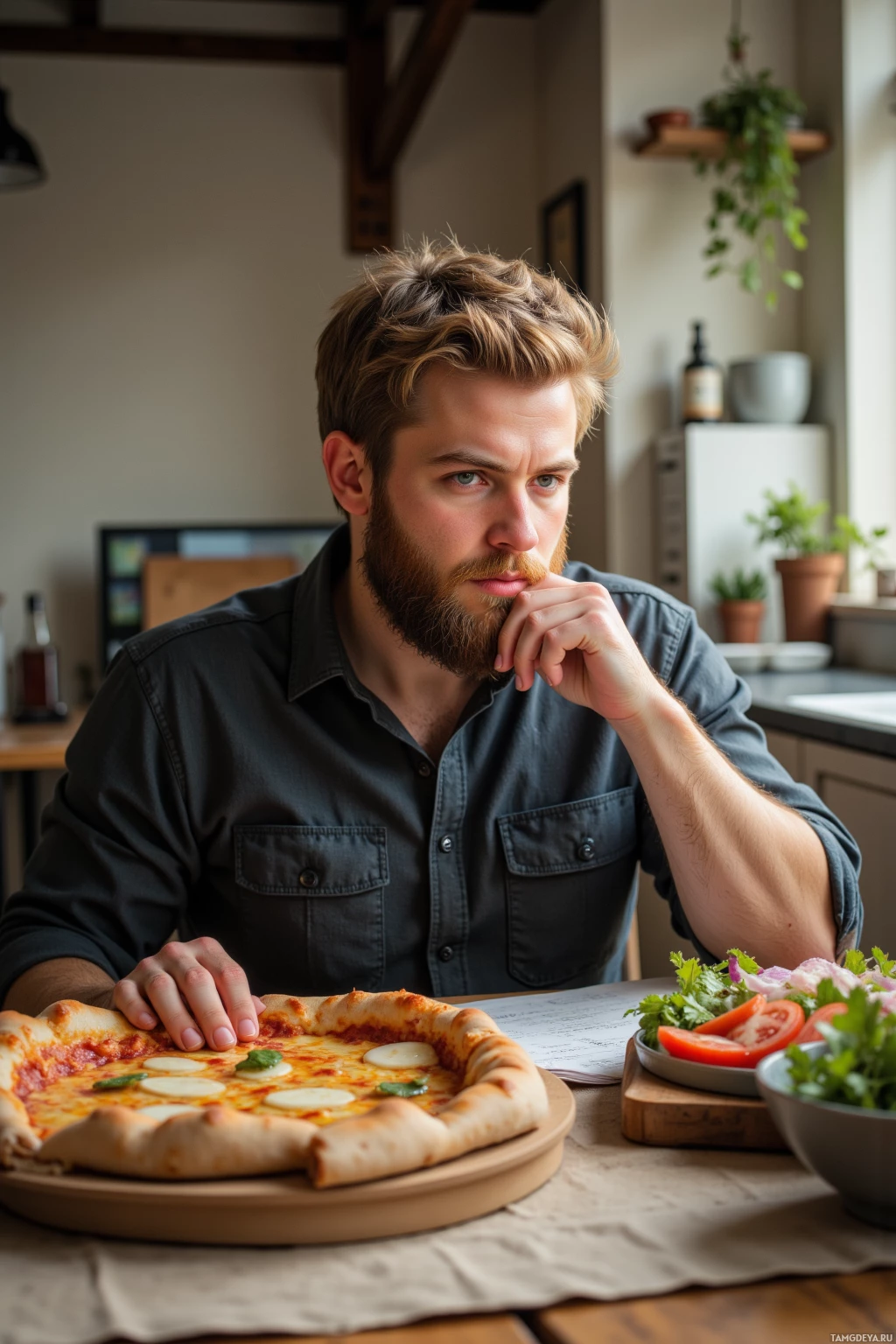 A man sits at a table with a pizza and salad, looking thoughtful.