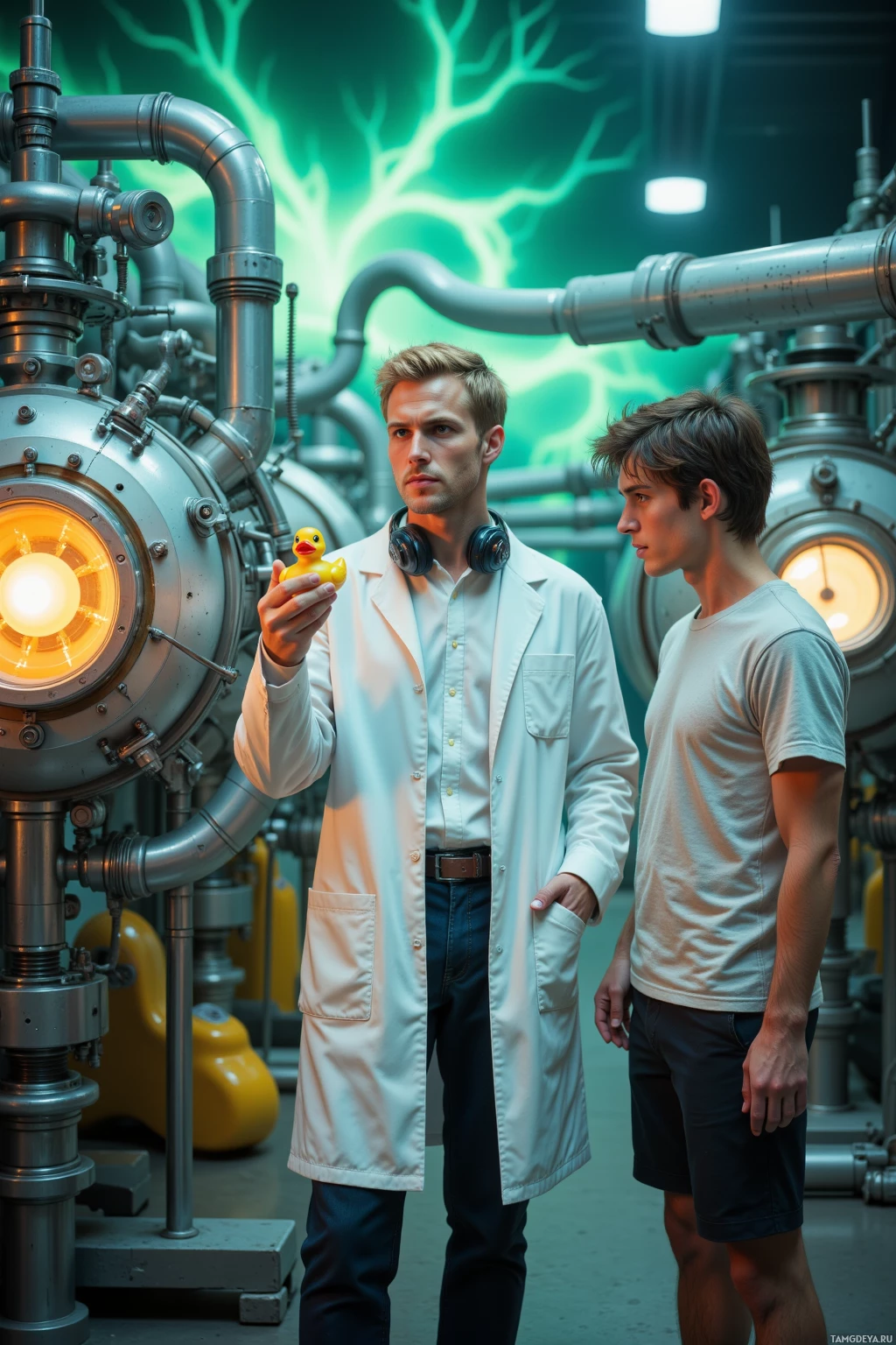 Two individuals in a laboratory setting, one holding a rubber duck.