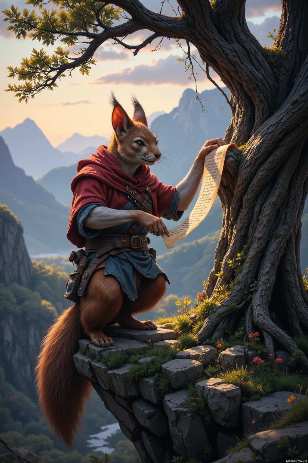 A fox-like character in a red cloak stands on a rocky outcrop, holding a scroll, with a scenic mountain backdrop.