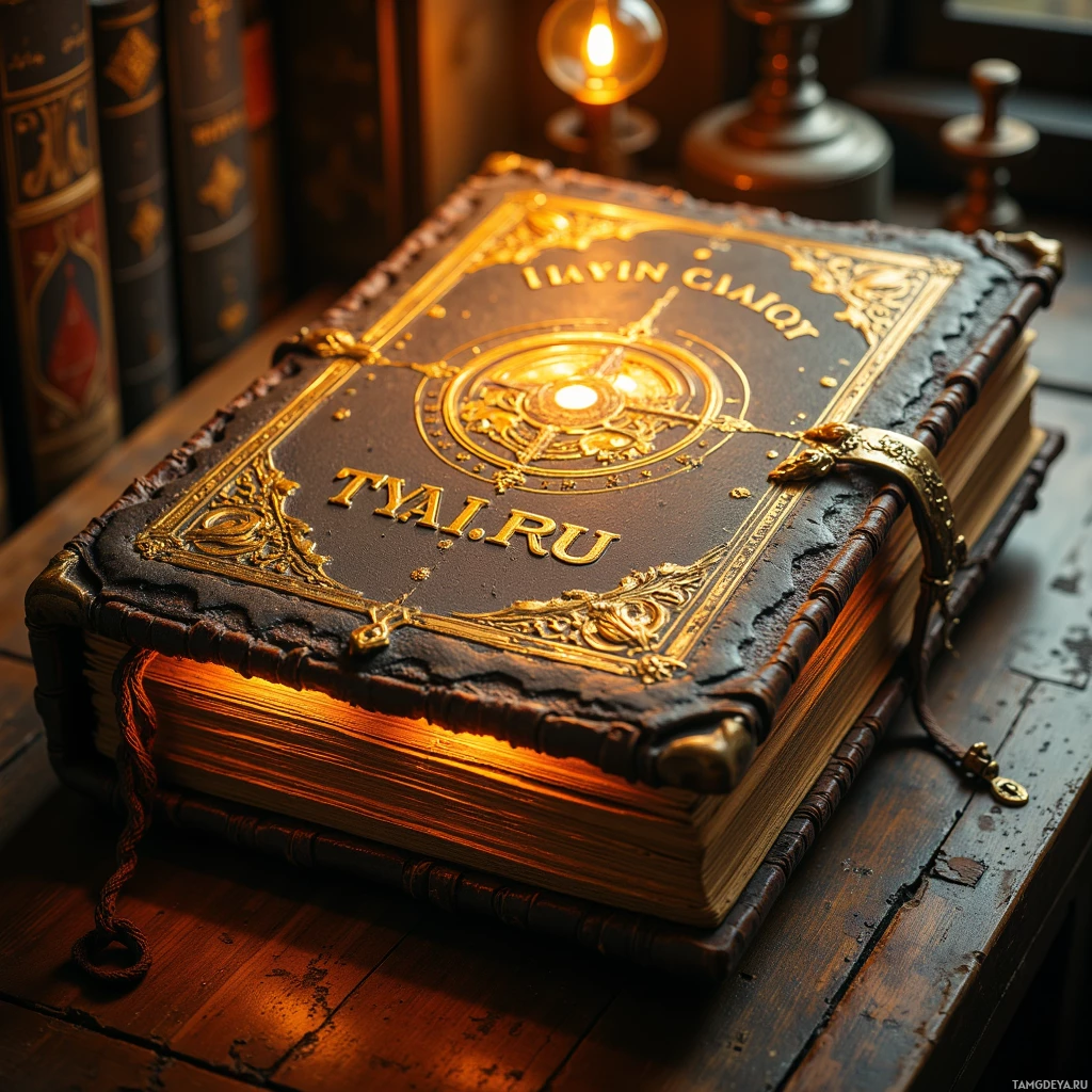 An ornate book with gold detailing and a glowing light inside is displayed on a wooden surface.