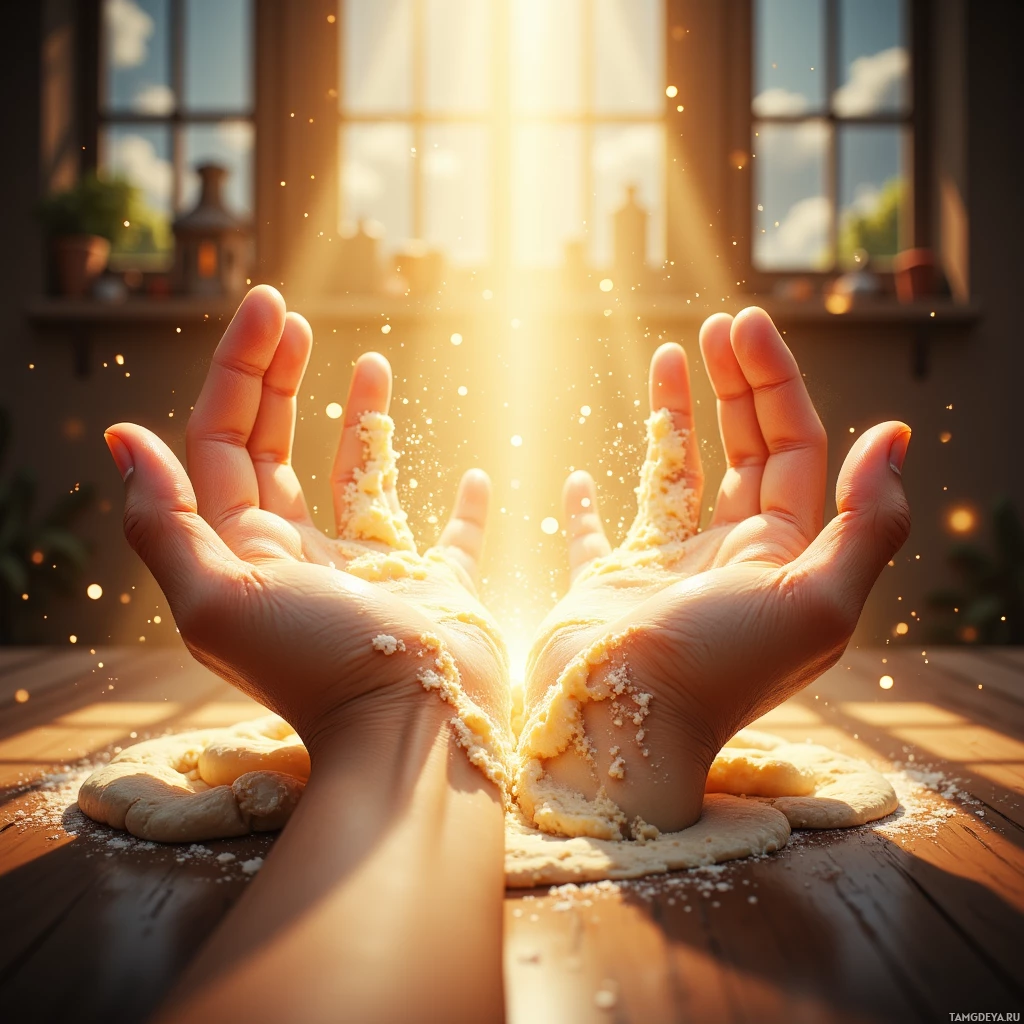 Two hands are cupped together, holding a small mound of dough, with sunlight streaming through a window in the background.