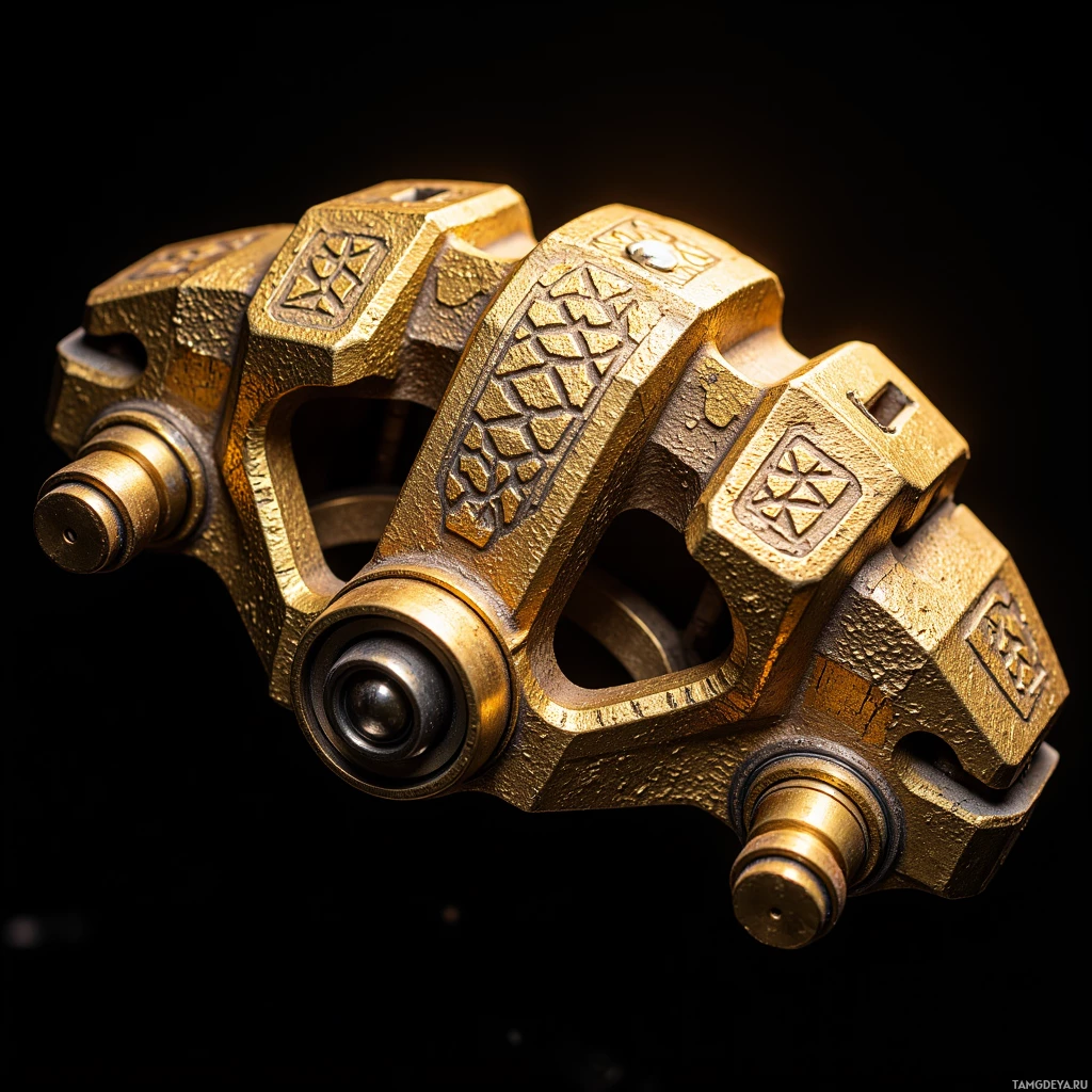 A close-up of a golden mechanical component with intricate designs and multiple bolts.