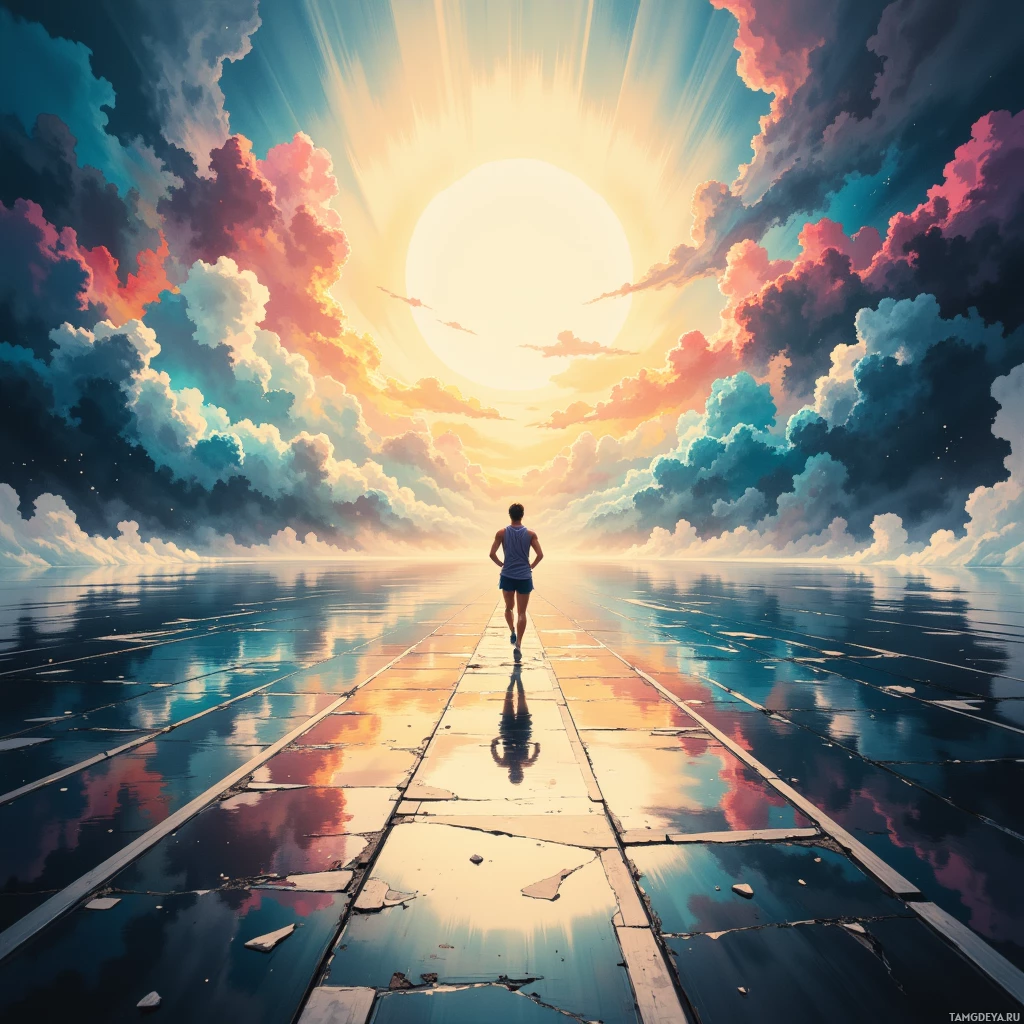 A person walks along a reflective path under a vibrant sky with clouds and sun rays.