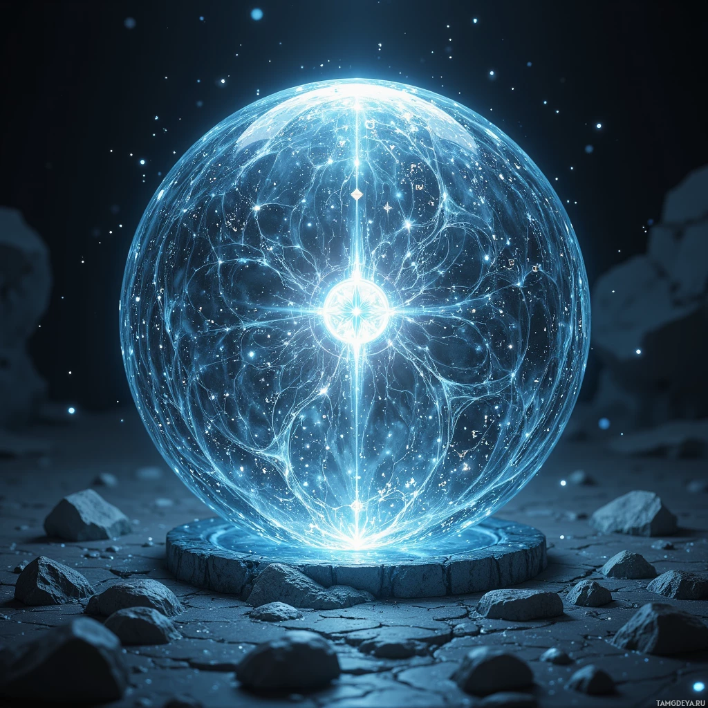 A glowing, intricate sphere with a bright center sits atop a stone platform, surrounded by rocks and a starry night sky.