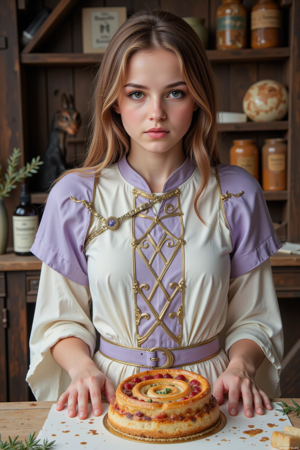 A person in a medieval-style outfit stands behind a table with a decorative pastry on it.