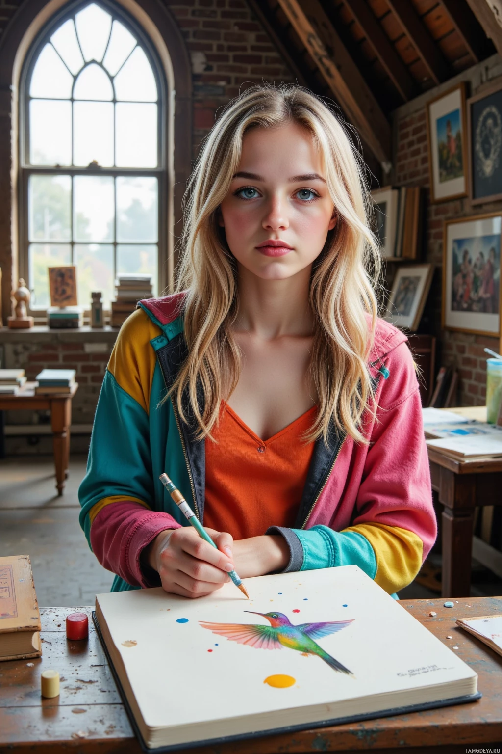 A person is drawing a colorful bird in a sketchbook at a desk.