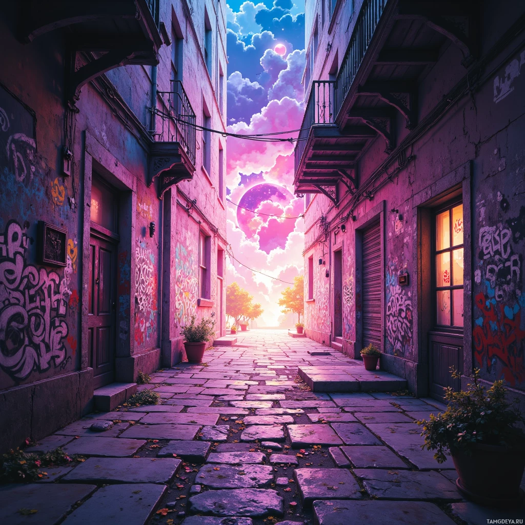 A vibrant alleyway with graffiti, potted plants, and a colorful sky.