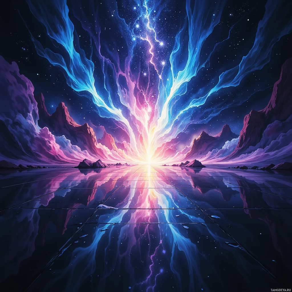 A vibrant cosmic scene with glowing energy streams and starry skies reflected in a calm surface.