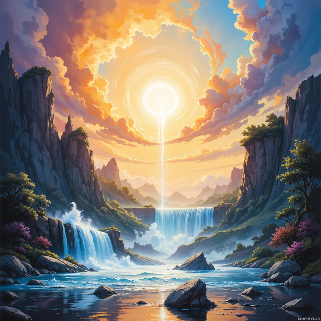 A serene landscape featuring a waterfall, rocky cliffs, and a vibrant sky with a glowing sun.