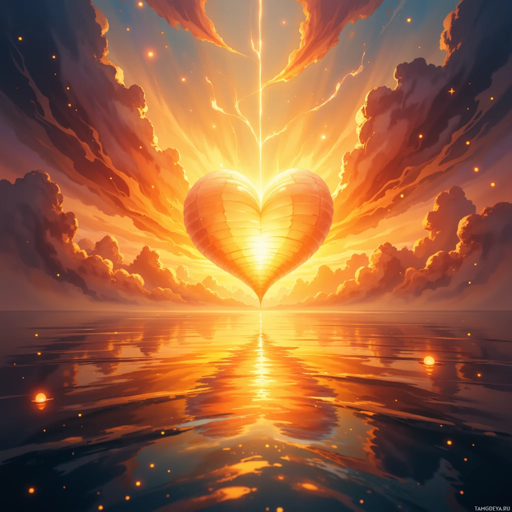 A heart-shaped hot air balloon floats above calm water under a vibrant sunset sky with dramatic clouds and reflections on the surface.