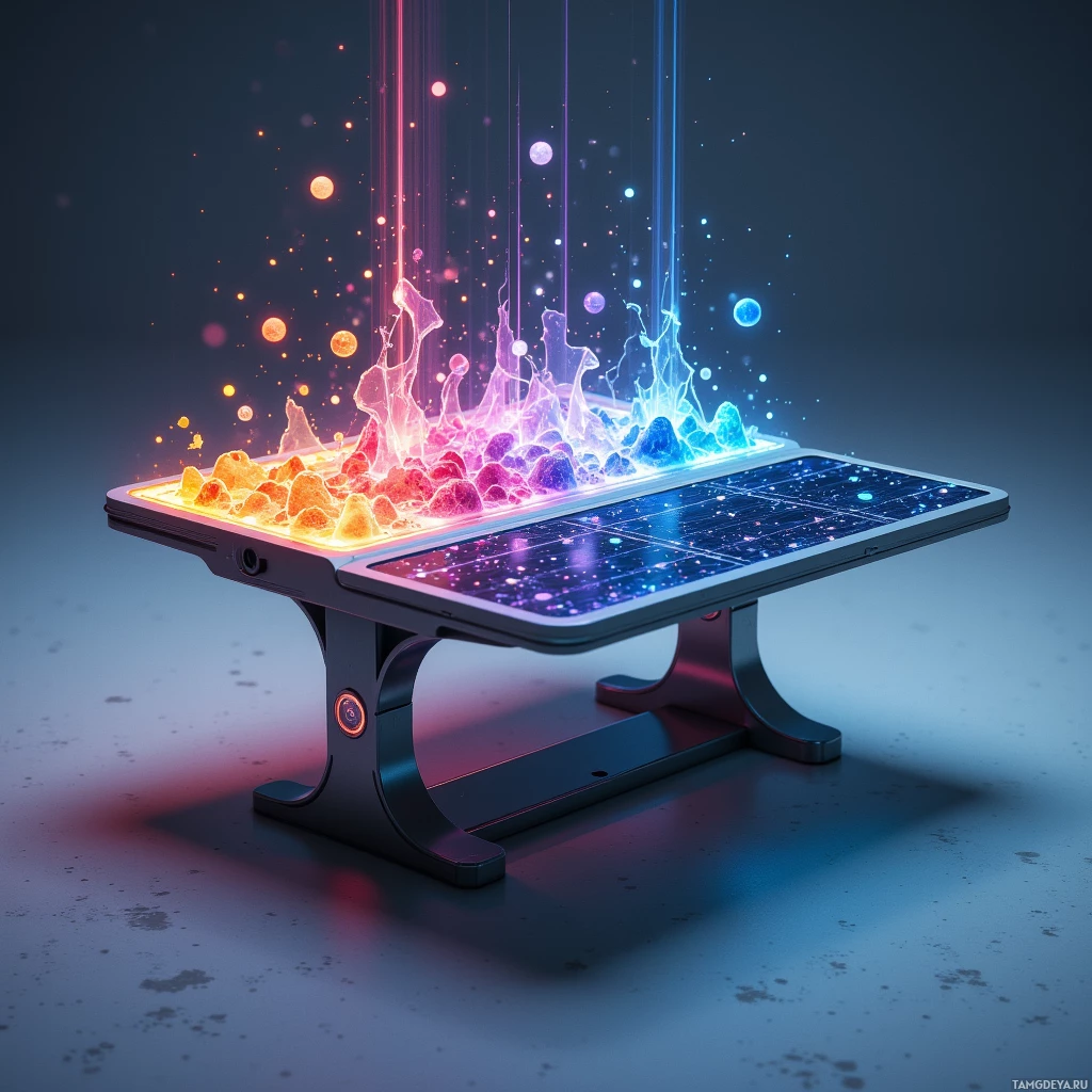 A futuristic device with glowing, colorful energy emanating from its surface.