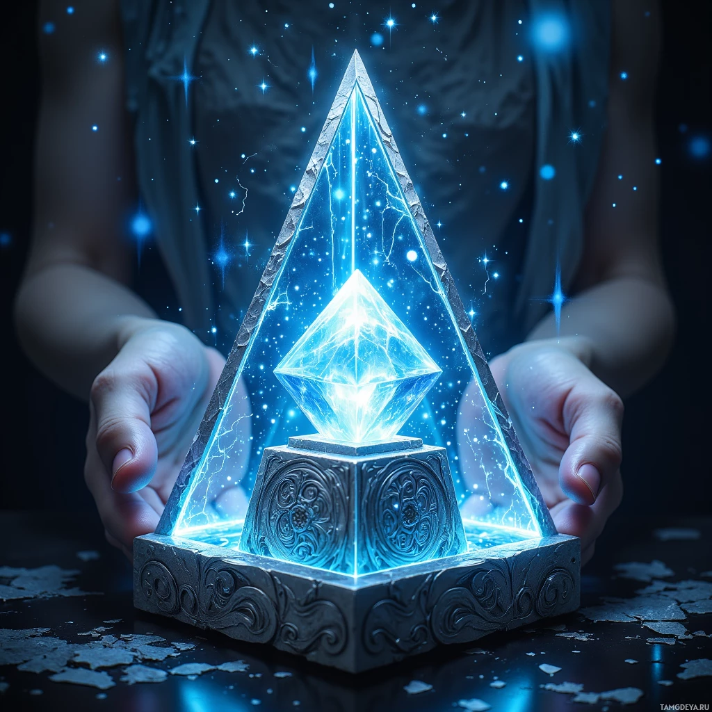 A person holds a glowing, ornate triangular structure with a radiant blue light emanating from its center.