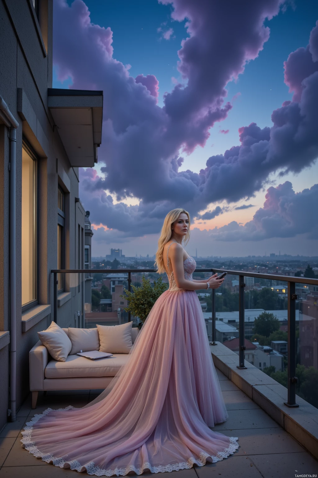A woman in an elegant pink gown stands on a balcony overlooking a cityscape under a dramatic sky at dusk.