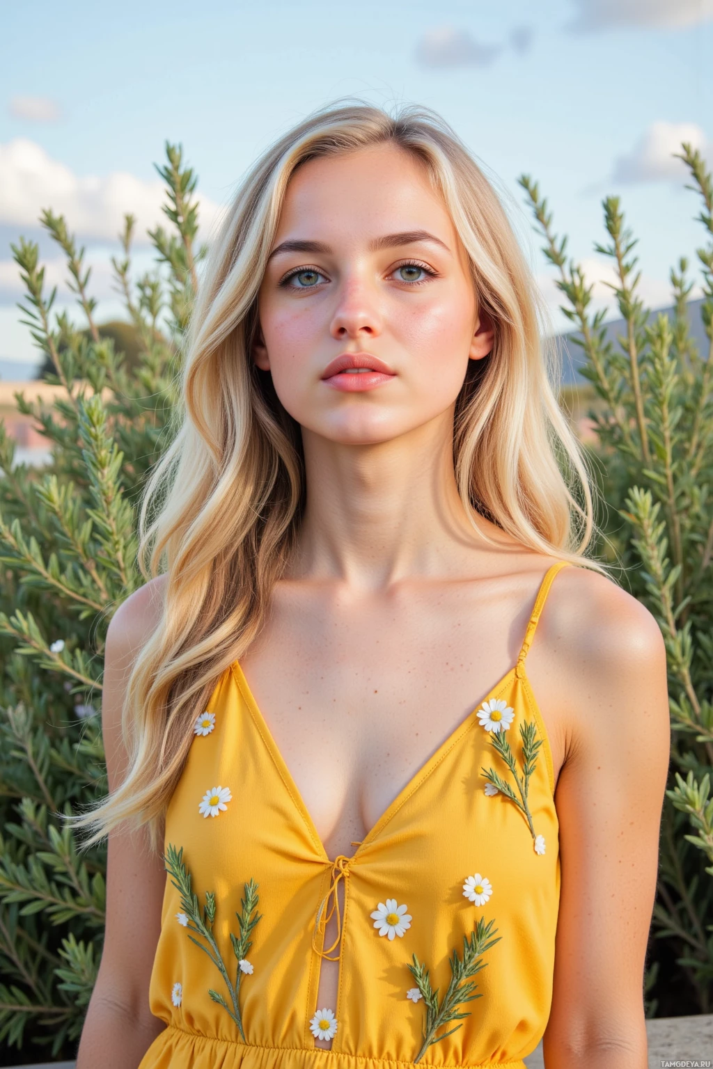 A person with long blonde hair wearing a yellow dress adorned with white flowers and green leaves stands outdoors against a backdrop of greenery and sky.