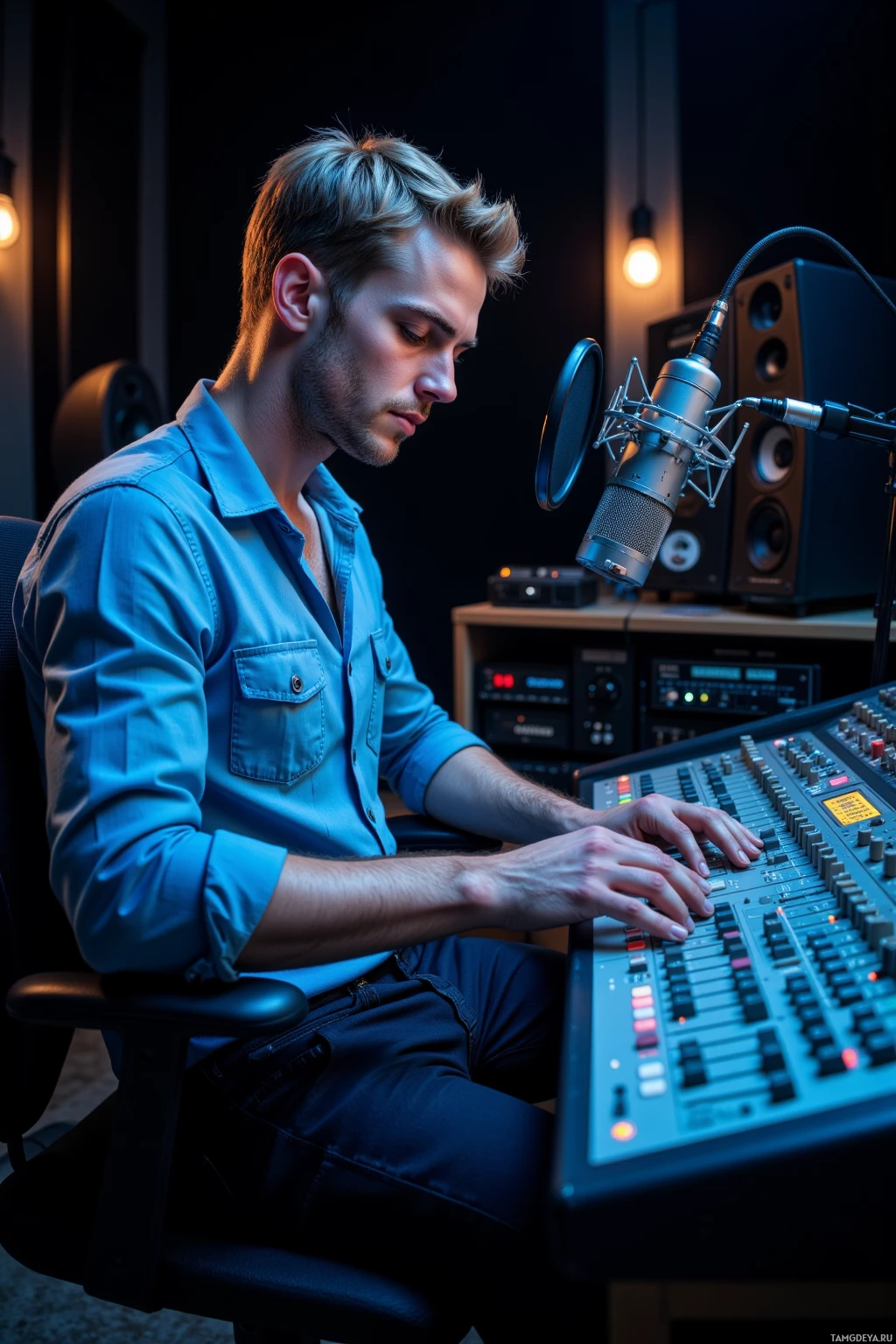 A person is seated in a recording studio, working at a mixing console with a microphone in front of them.