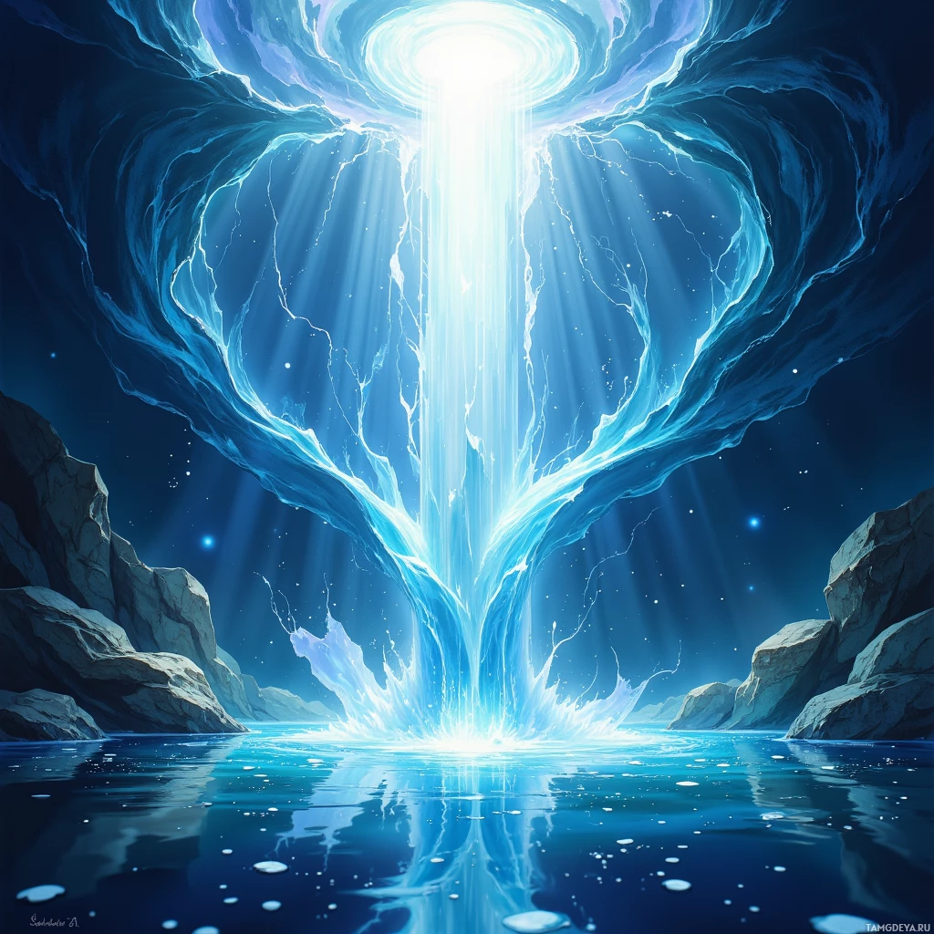 A glowing, ethereal light pours down from a cave into a body of water, creating a radiant and mystical scene.