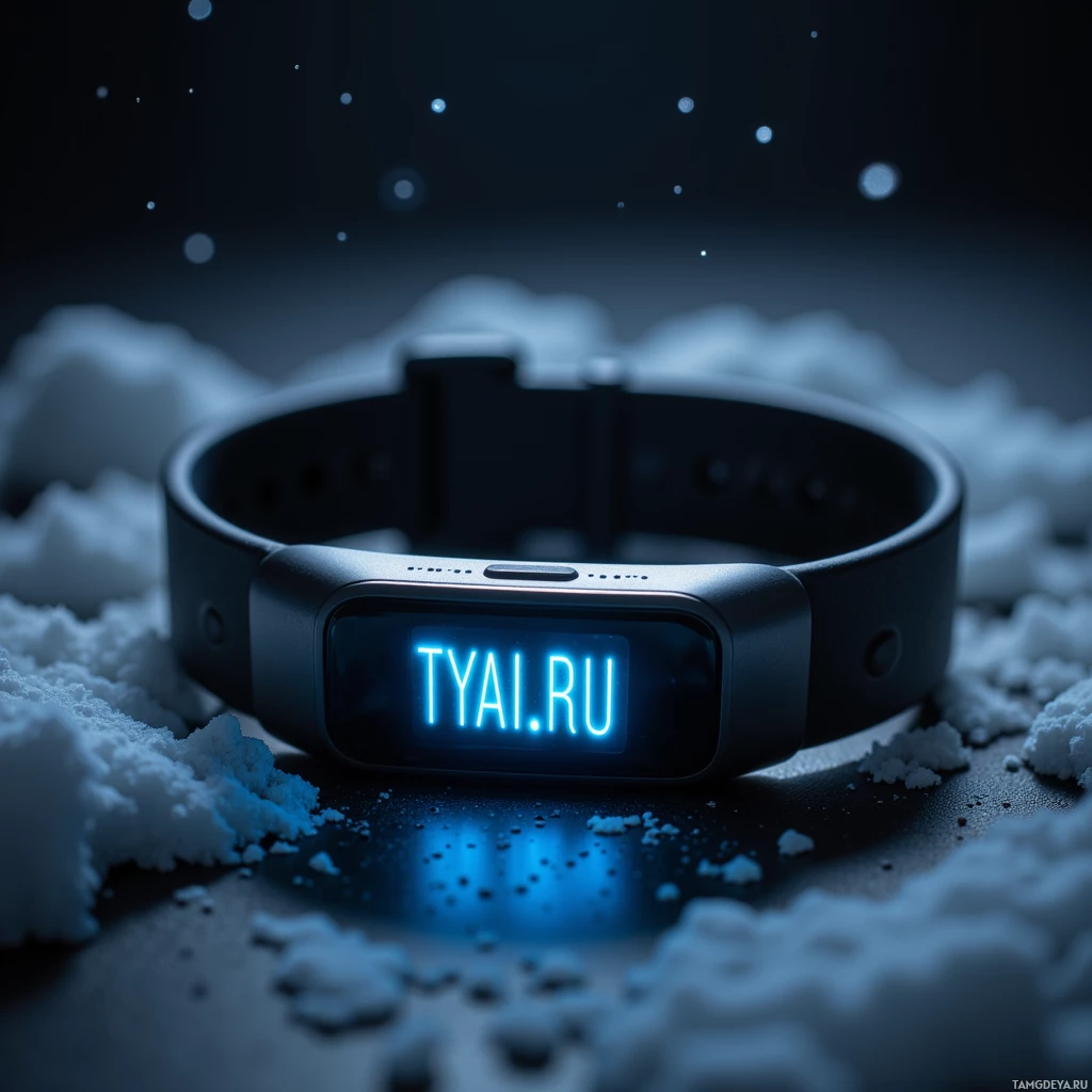 A glowing wristband with the text "TYAI.RU" displayed against a snowy background.