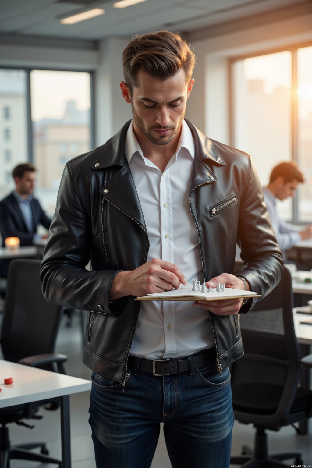 A man in a leather jacket and jeans is holding a book and appears to be reading.