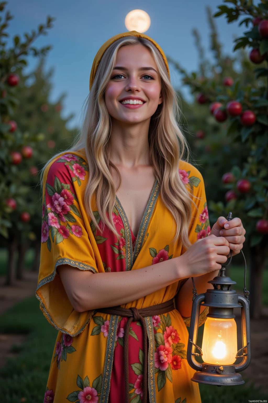 A person in a floral dress holds a lit lantern in an apple orchard under a full moon.