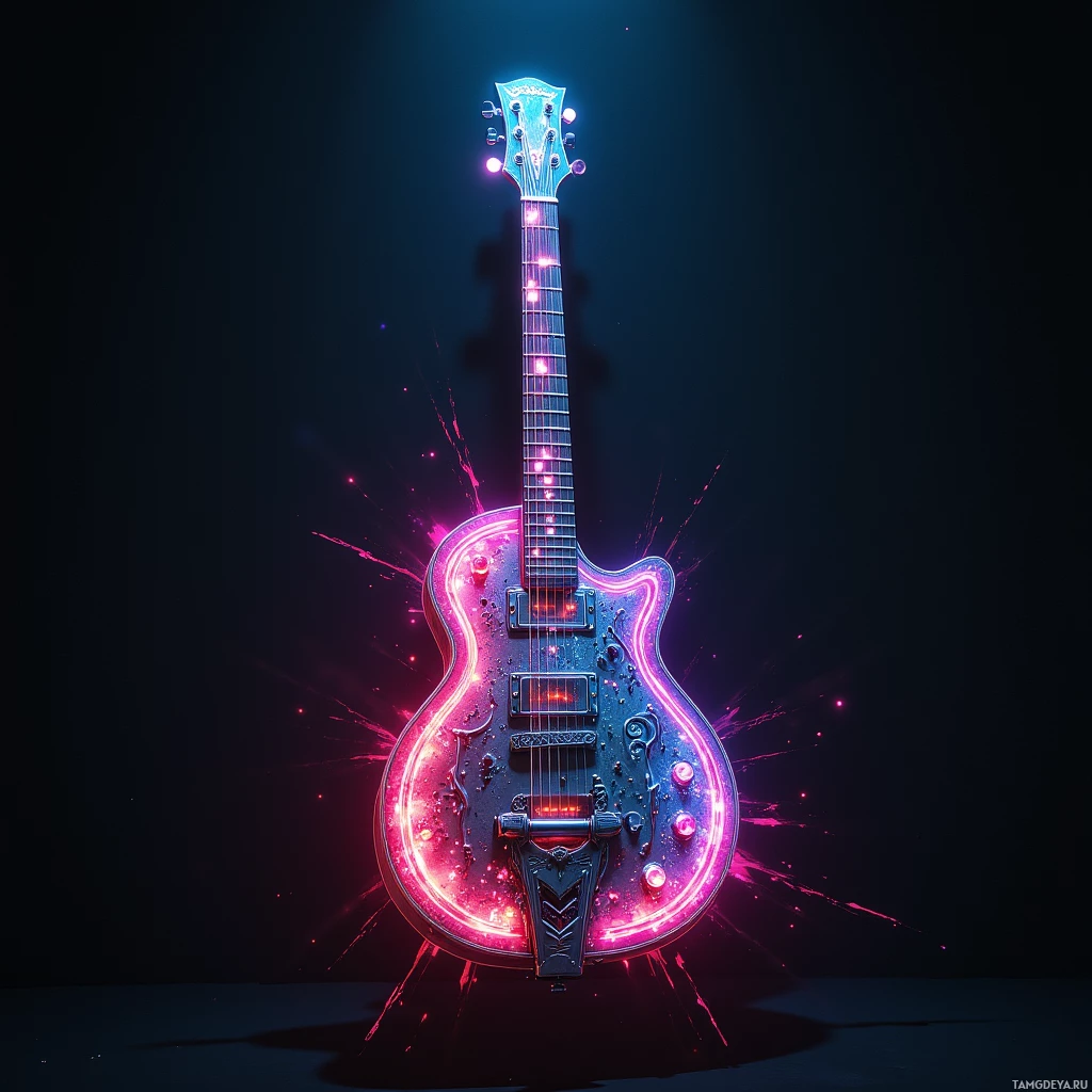 A glowing electric guitar with vibrant neon lights against a dark background.