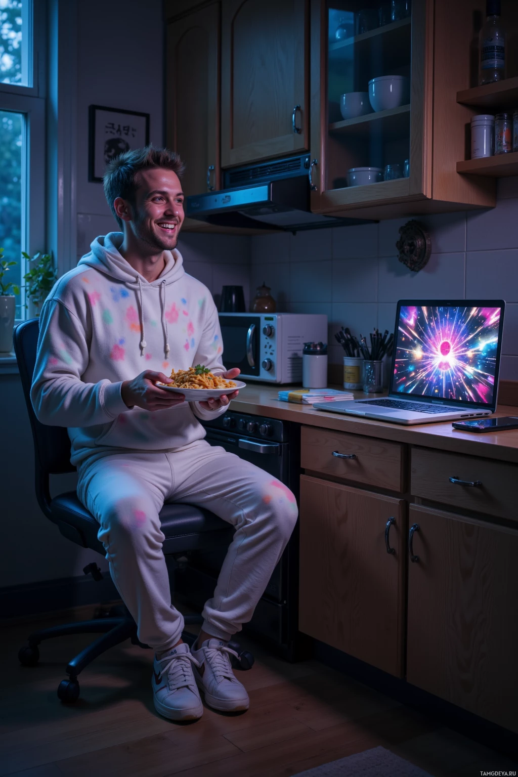 A person in a casual outfit is sitting in a kitchen, holding a plate of food and smiling.